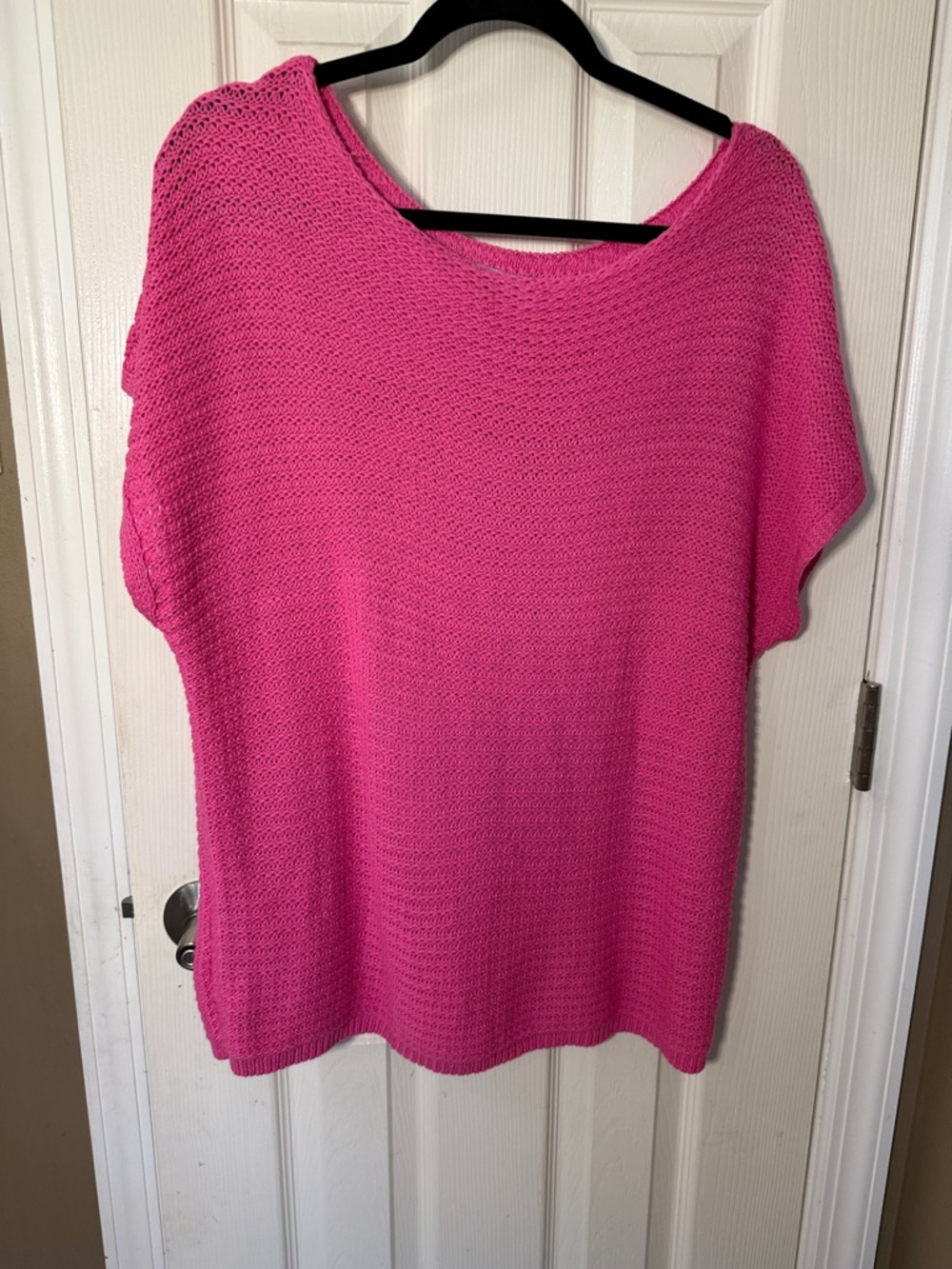 Women's Hot Pink Knit Sweater - Lightweight Short-Sleeve Pullover